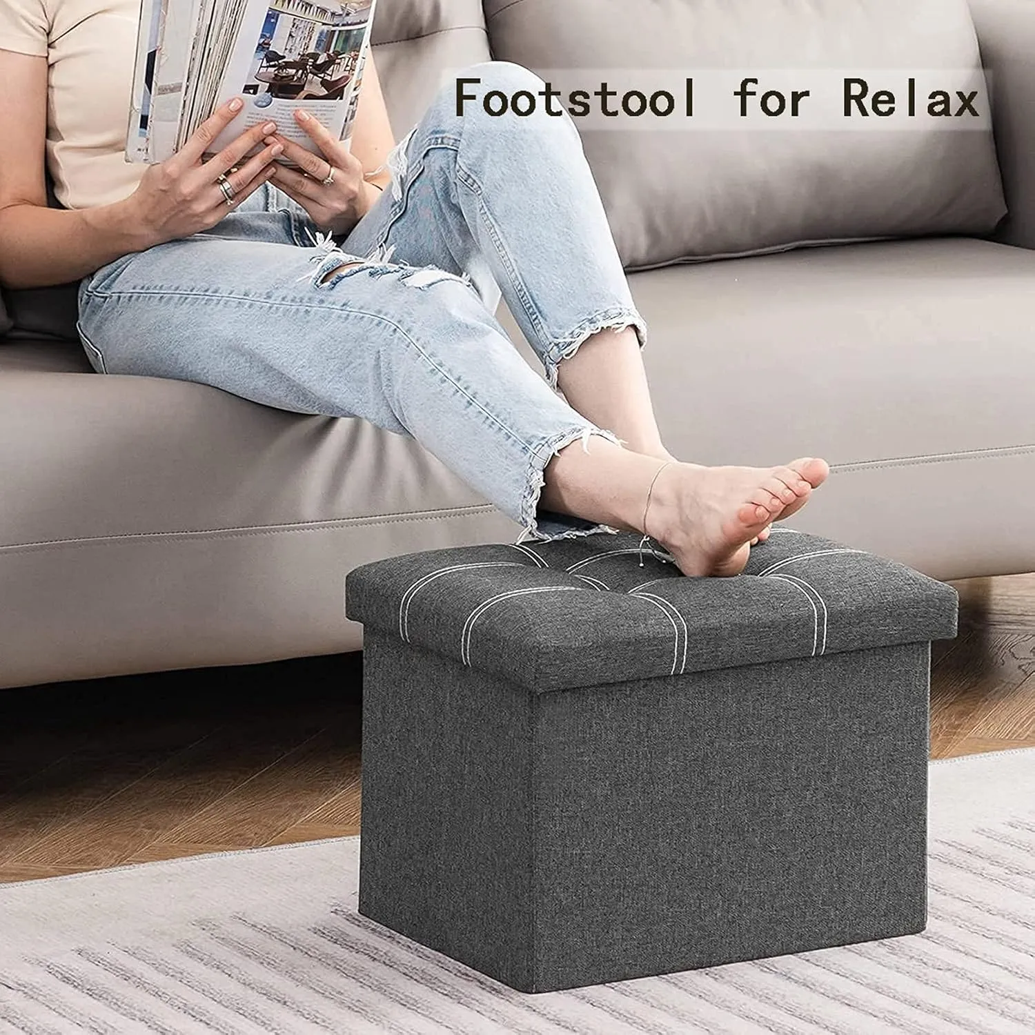 Small Ottoman with Storage Foldable Rectangular Footstool, 36L Storage Space Linen Fabric with Soft Padded Seat Footrest for Living Room Bedroom, Grey 2 Pack