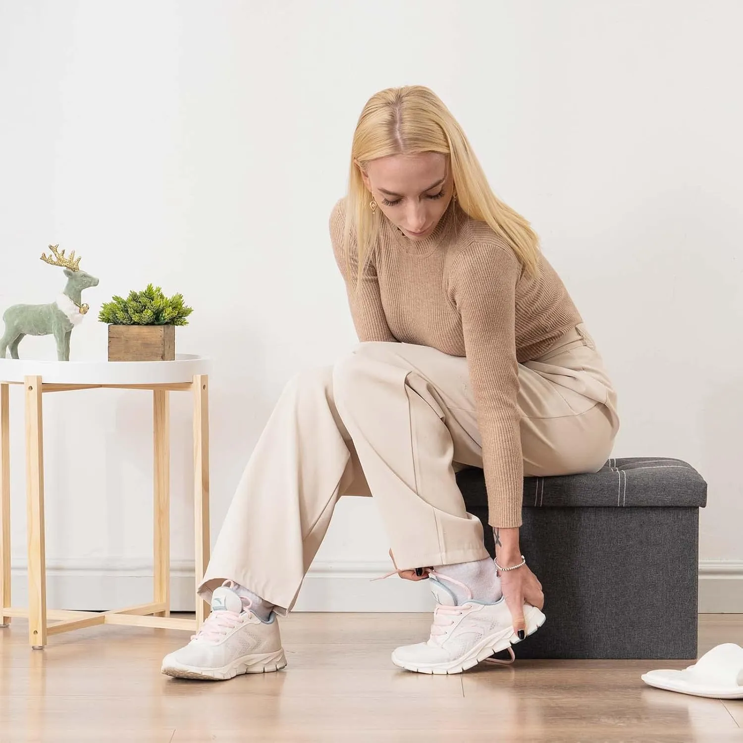 Small Ottoman with Storage Foldable Rectangular Footstool, 36L Storage Space Linen Fabric with Soft Padded Seat Footrest for Living Room Bedroom, Grey 2 Pack