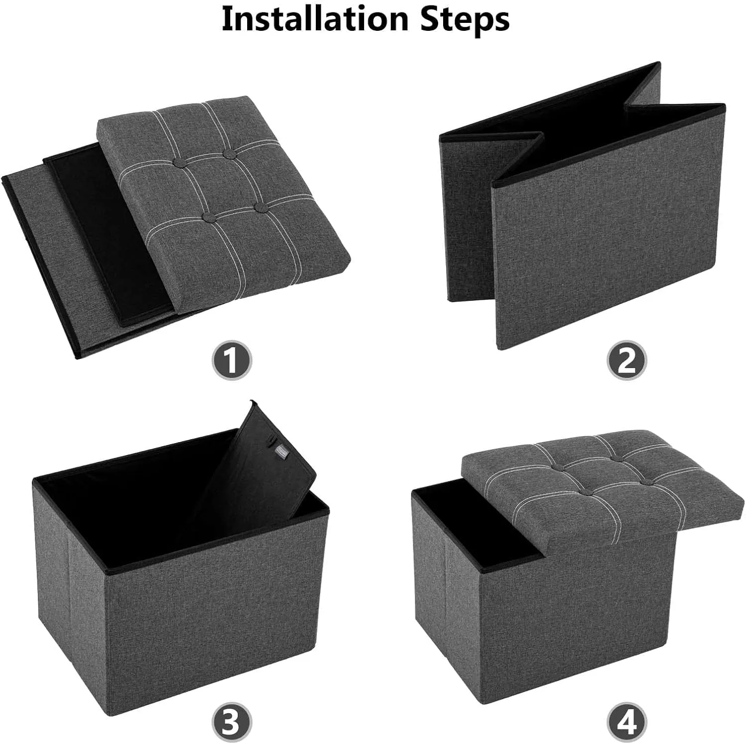 Small Ottoman with Storage Foldable Rectangular Footstool, 36L Storage Space Linen Fabric with Soft Padded Seat Footrest for Living Room Bedroom, Grey 2 Pack