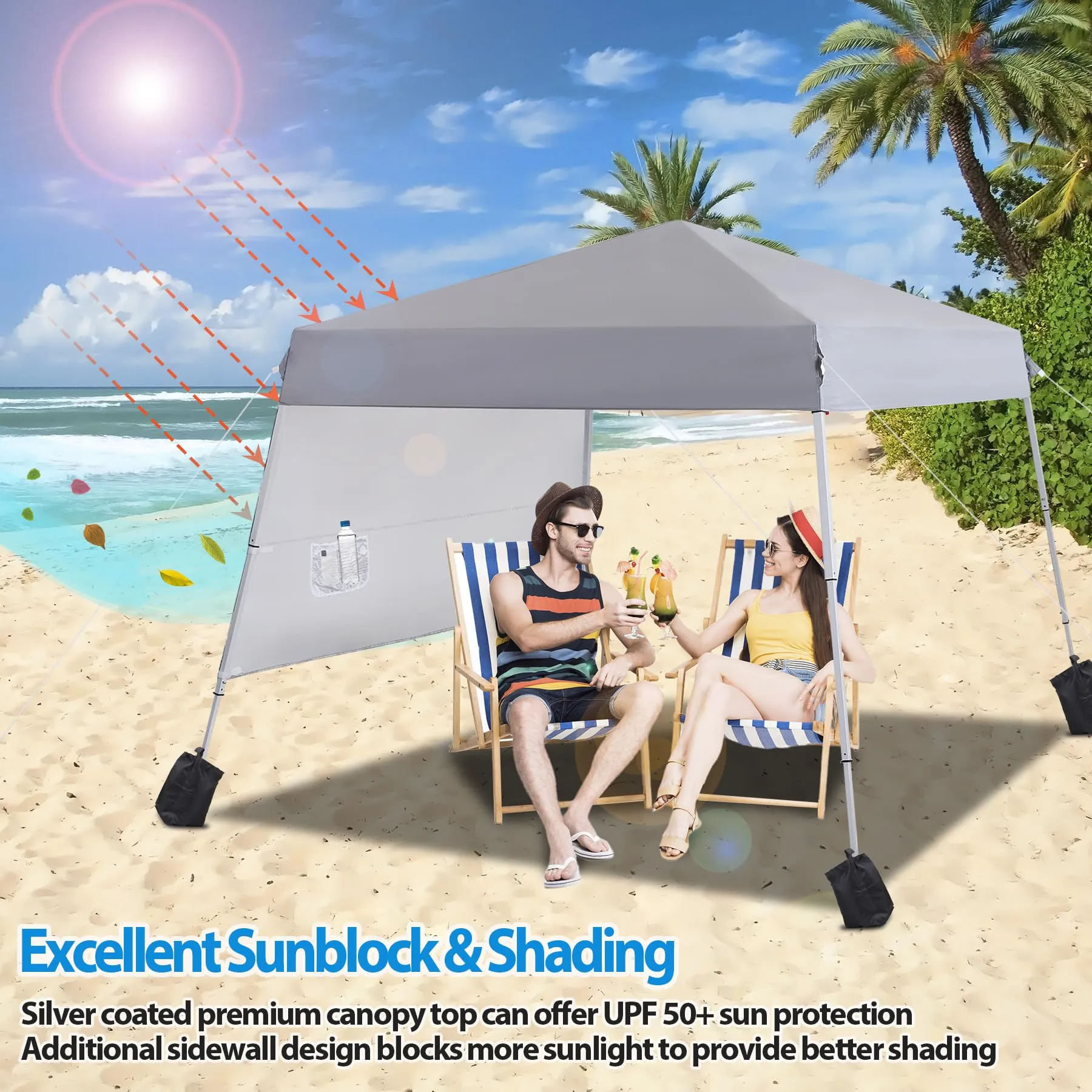 Smartxchoices 8 x 8 FT Pop Up Canopy Tent - Instant Outdoor Canopy with Wheeled Carry Bag, 4 Ropes, Straight Legs, Stakes, Height Adjustable Outdoor Tent Sun Protection Beach Shelter，Silver Grey