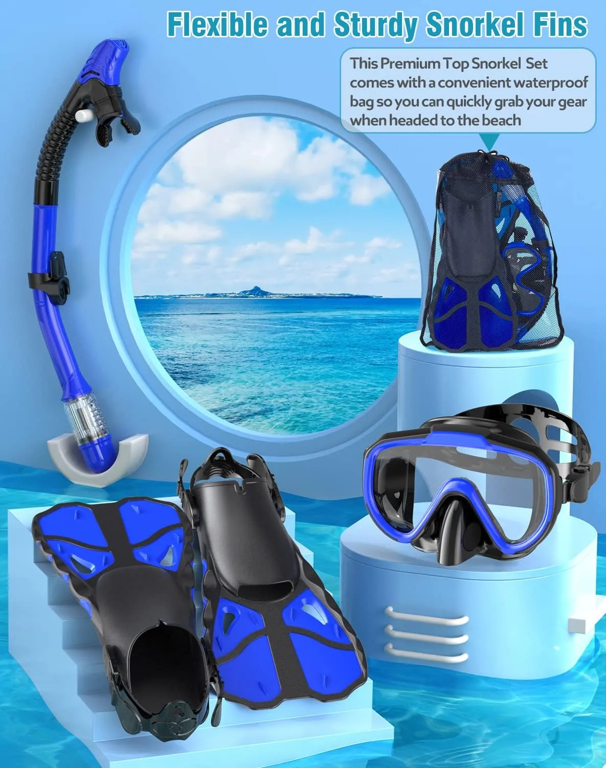 Snorkel Set with Fins for Adults, Snorkeling Gear for Adults Men and Women, Snorkle, Mask Set Adults Dry Top Snorkel Mask Combo Set with Travel Bag for Snorkeling, Diving, Swimming