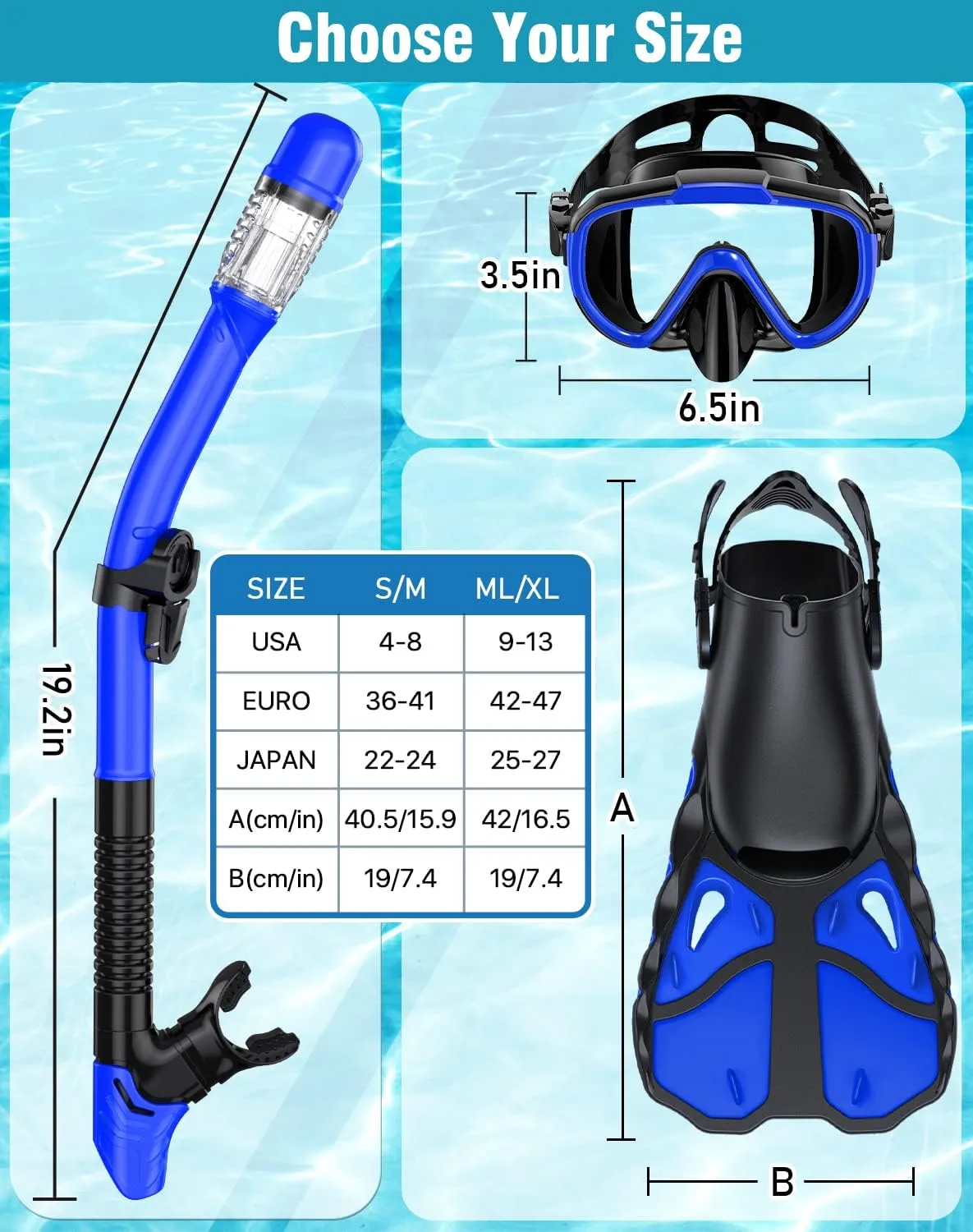 Snorkel Set with Fins for Adults, Snorkeling Gear for Adults Men and Women, Snorkle, Mask Set Adults Dry Top Snorkel Mask Combo Set with Travel Bag for Snorkeling, Diving, Swimming