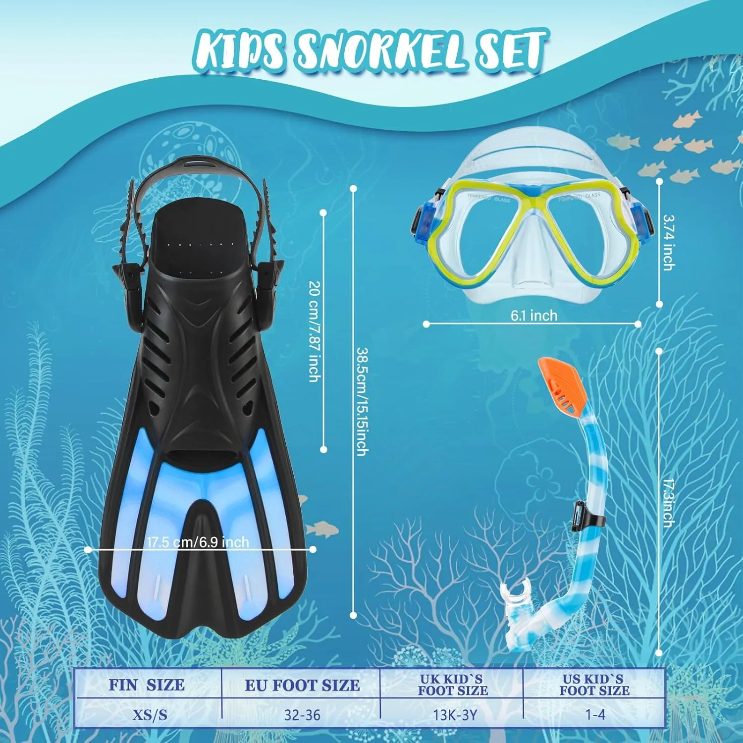 Snorkeling Gear for Kids Ages 6-14, 4 in 1 Kids Mask Fins Snorkel Set with Panoramic View Anti Fog Mask, Dry Top Snorkel, Trek Fins and Travel Bag, Kids Snorkel Set for Youth Teens Junior