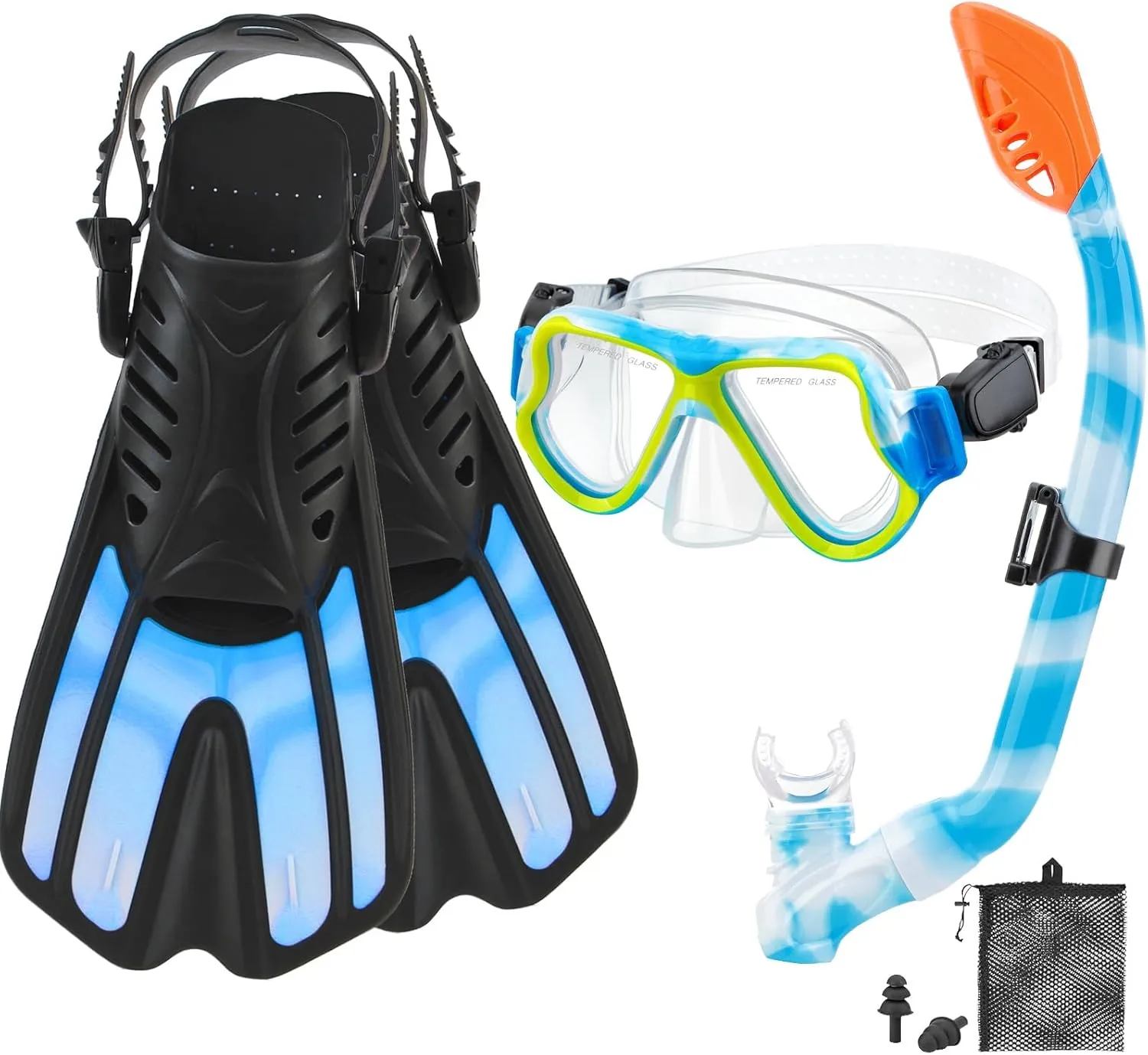 Snorkeling Gear for Kids Ages 6-14, 4 in 1 Kids Mask Fins Snorkel Set with Panoramic View Anti Fog Mask, Dry Top Snorkel, Trek Fins and Travel Bag, Kids Snorkel Set for Youth Teens Junior