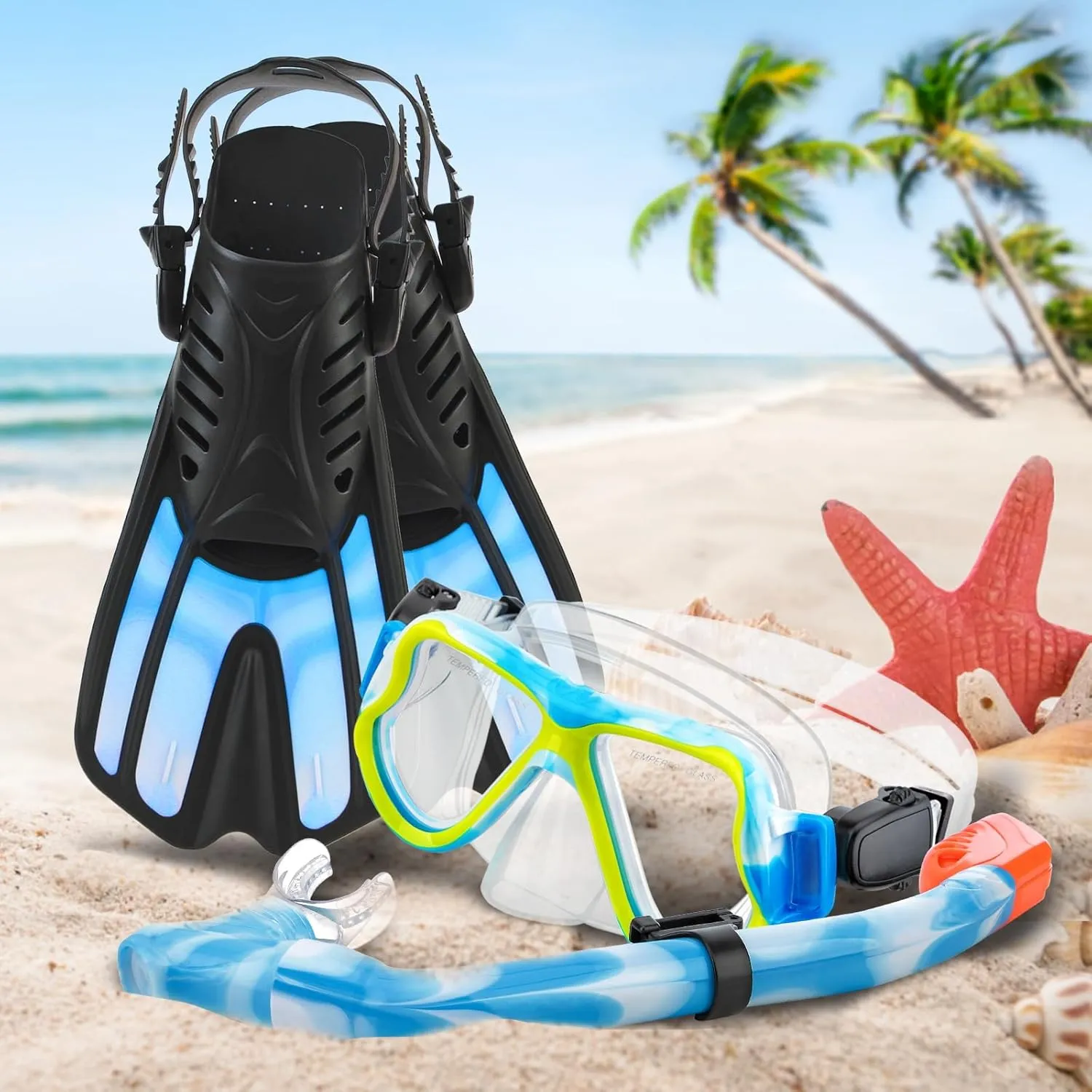 Snorkeling Gear for Kids Ages 6-14, 4 in 1 Kids Mask Fins Snorkel Set with Panoramic View Anti Fog Mask, Dry Top Snorkel, Trek Fins and Travel Bag, Kids Snorkel Set for Youth Teens Junior