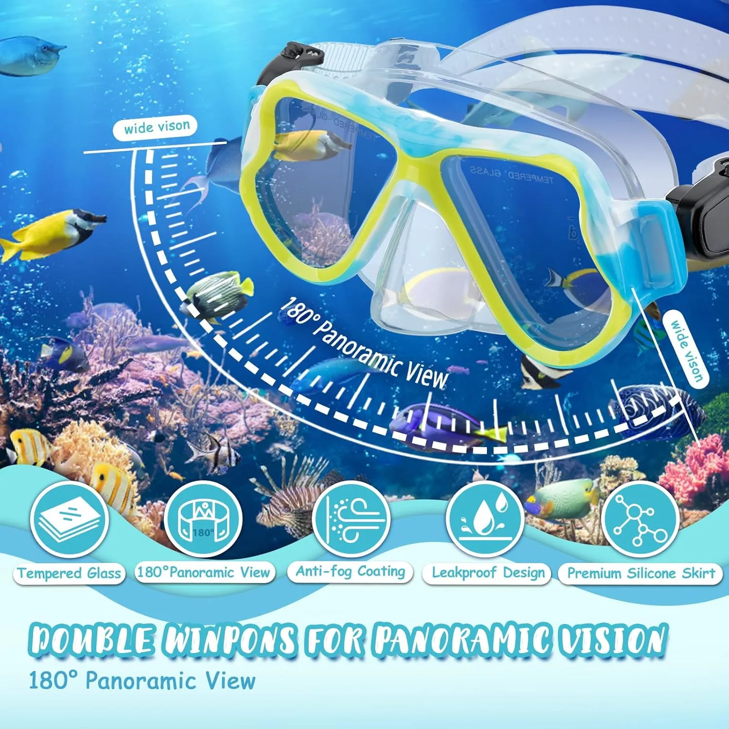 Snorkeling Gear for Kids Ages 6-14, 4 in 1 Kids Mask Fins Snorkel Set with Panoramic View Anti Fog Mask, Dry Top Snorkel, Trek Fins and Travel Bag, Kids Snorkel Set for Youth Teens Junior