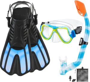 Snorkeling Gear for Kids Ages 6-14, 4 in 1 Kids Mask Fins Snorkel Set with Panoramic View Anti Fog Mask, Dry Top Snorkel, Trek Fins and Travel Bag, Kids Snorkel Set for Youth Teens Junior