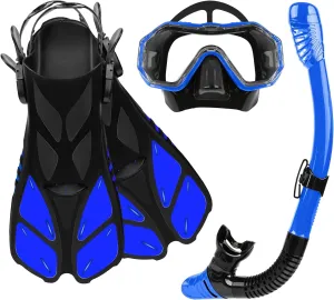 Snorkeling Gear Set - Adjustable Short Fins, Anti-Fog Mask, 3-Piece Dry Top Snorkel, Travel Size with Gear Bag for Adults, Men, Women, Swimming, Diving, Snorkeling