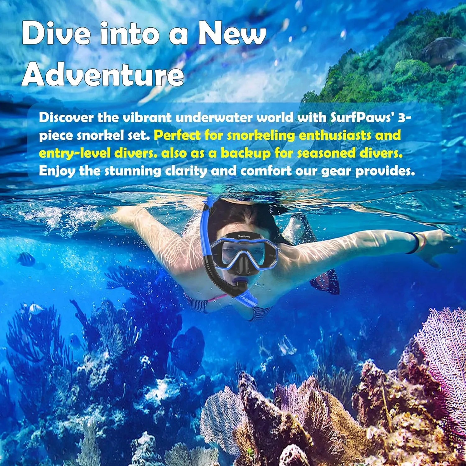 Snorkeling Gear Set - Adjustable Short Fins, Anti-Fog Mask, 3-Piece Dry Top Snorkel, Travel Size with Gear Bag for Adults, Men, Women, Swimming, Diving, Snorkeling