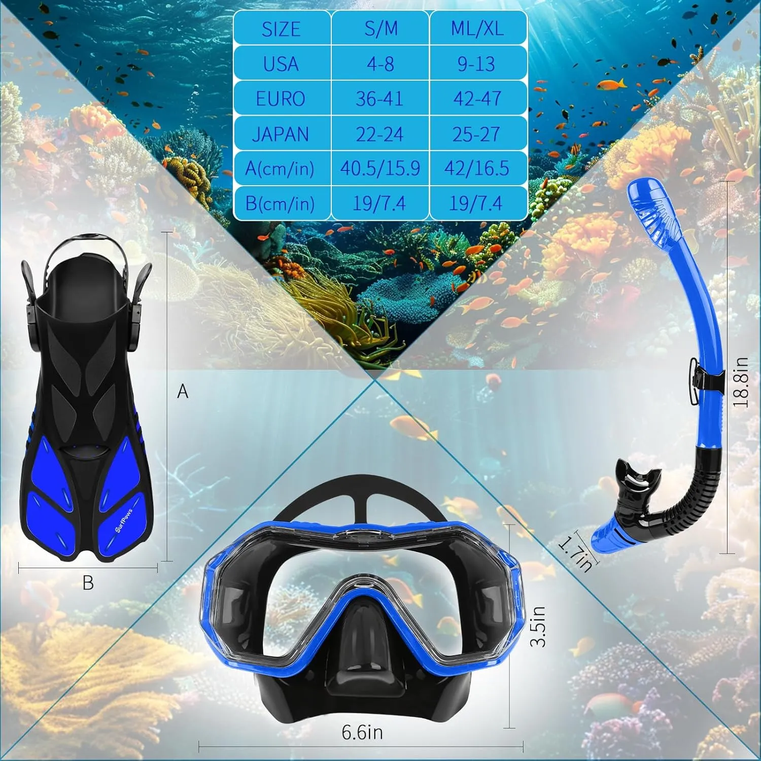 Snorkeling Gear Set - Adjustable Short Fins, Anti-Fog Mask, 3-Piece Dry Top Snorkel, Travel Size with Gear Bag for Adults, Men, Women, Swimming, Diving, Snorkeling