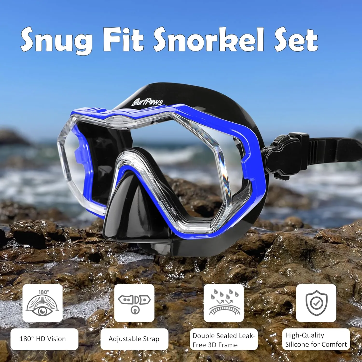 Snorkeling Gear Set - Anti-Fog Mask, 3-Piece Dry Top Snorkel, Panoramic 3 Window View, Food Grade Silicone, Travel Size with Gear Bag for Adults, Men, Women, Swimming, Diving