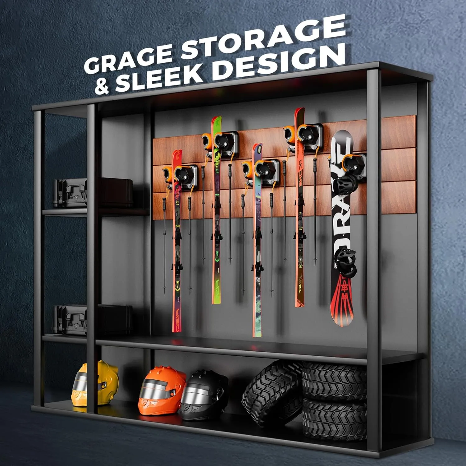 Snowboard, Ski, and Skateboard Wall Mount Rack – Multi-Purpose Garage Wall Storage Holder | Space-Saving Clamp Organizer for Skate Decks, Hockey Sticks, Ski Poles, Shovels, and More