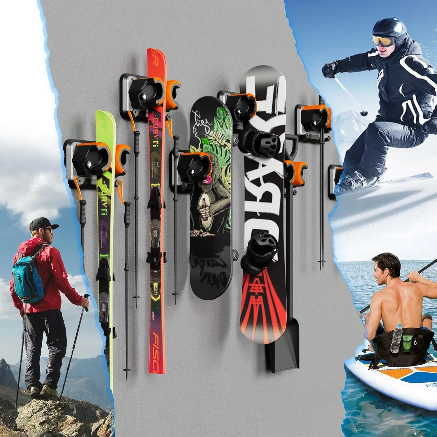 Snowboard, Ski, and Skateboard Wall Mount Rack – Multi-Purpose Garage Wall Storage Holder | Space-Saving Clamp Organizer for Skate Decks, Hockey Sticks, Ski Poles, Shovels, and More