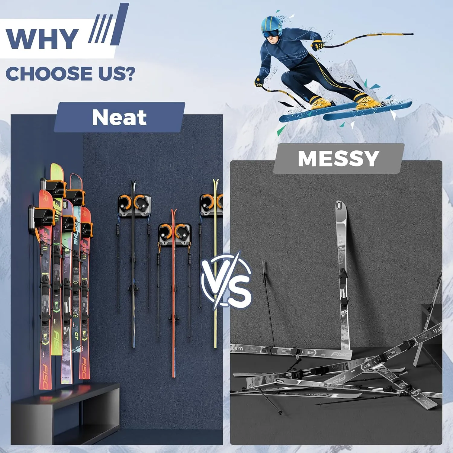 Snowboard, Ski, and Skateboard Wall Mount Rack – Multi-Purpose Garage Wall Storage Holder | Space-Saving Clamp Organizer for Skate Decks, Hockey Sticks, Ski Poles, Shovels, and More
