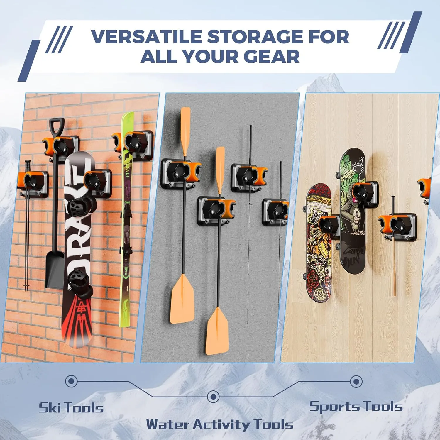 Snowboard, Ski, and Skateboard Wall Mount Rack – Multi-Purpose Garage Wall Storage Holder | Space-Saving Clamp Organizer for Skate Decks, Hockey Sticks, Ski Poles, Shovels, and More