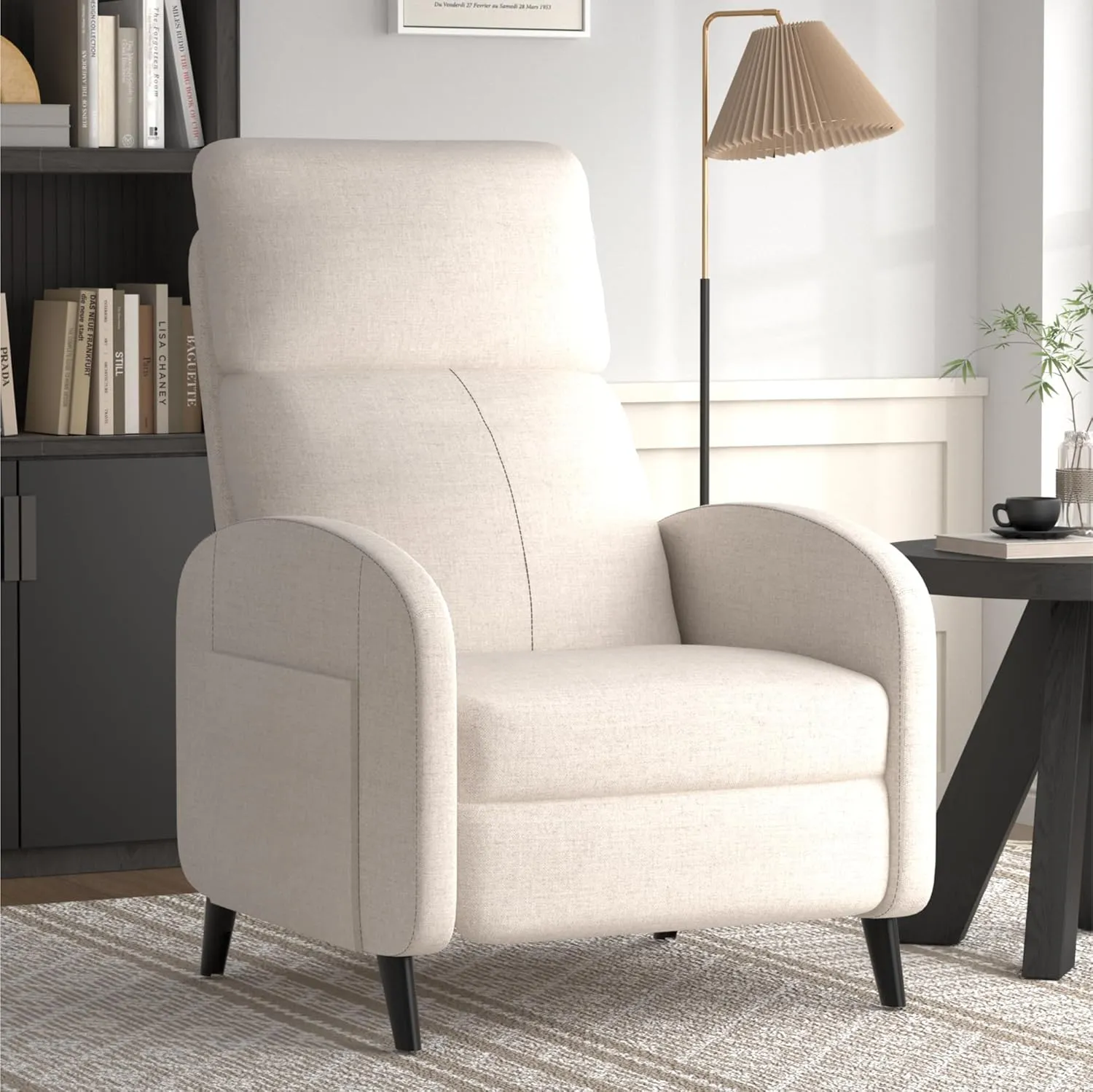 Softa Recliner Chair for Adults, Small Fabric Reclining Chair with Side Pockets, Adjustable Home Theater Seating Modern Armchair with Extended Footrest for Living Room, Beige