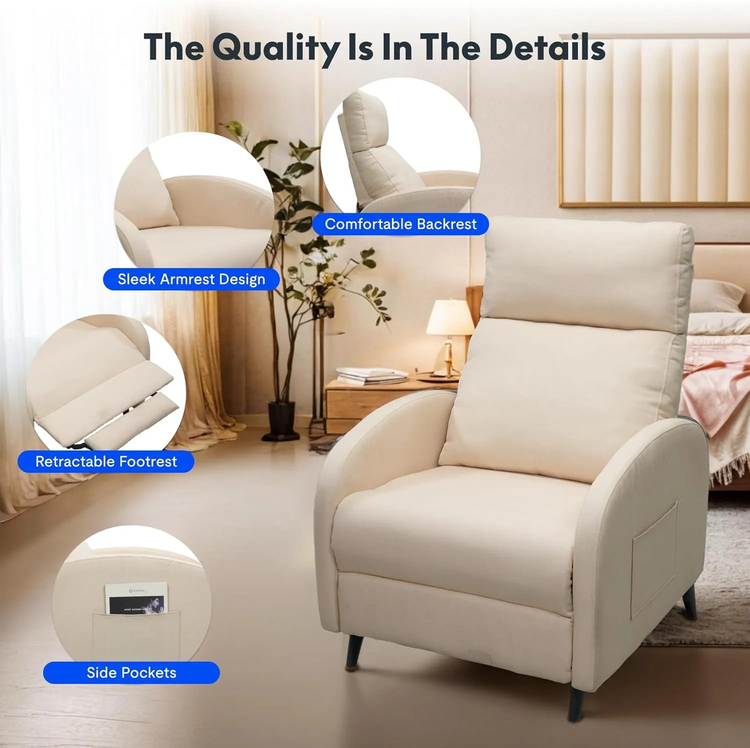 Softa Recliner Chair for Adults, Small Fabric Reclining Chair with Side Pockets, Adjustable Home Theater Seating Modern Armchair with Extended Footrest for Living Room, Beige