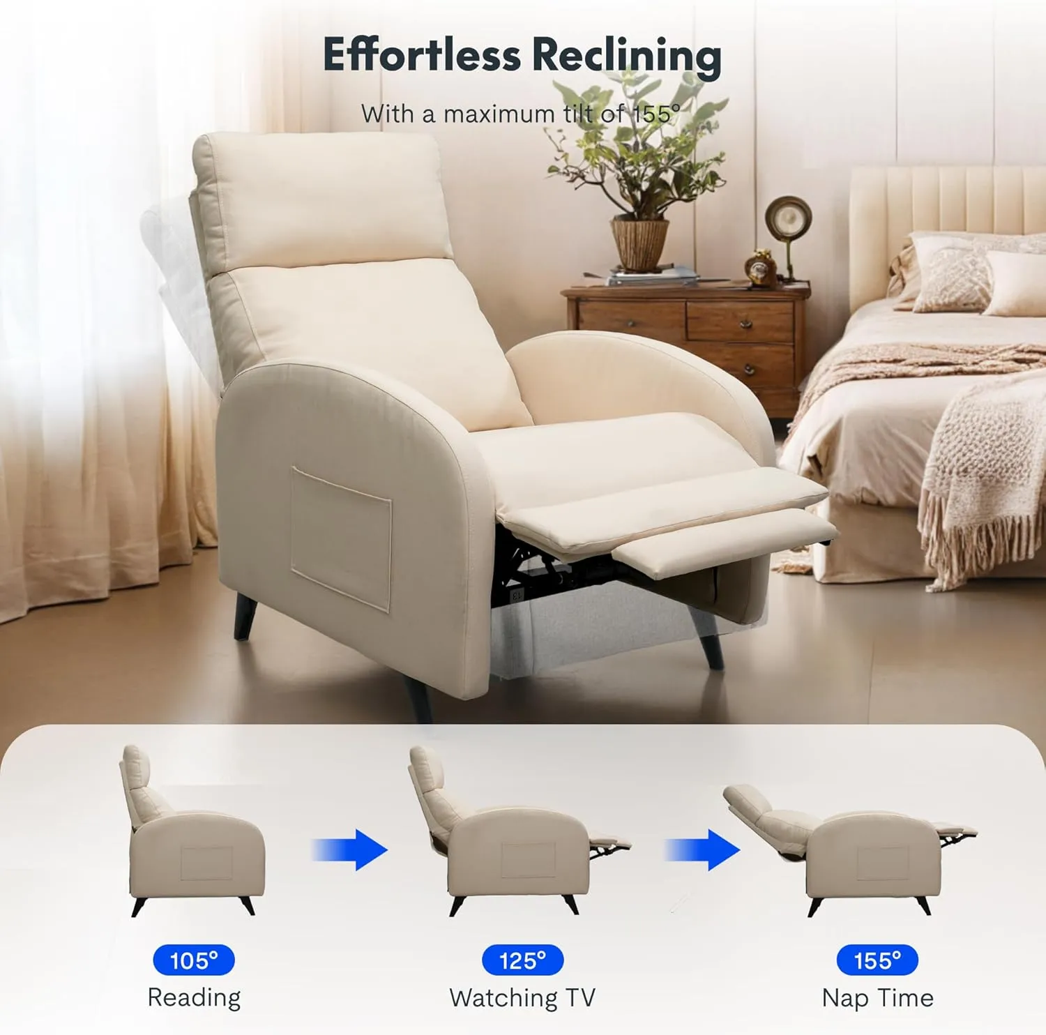 Softa Recliner Chair for Adults, Small Fabric Reclining Chair with Side Pockets, Adjustable Home Theater Seating Modern Armchair with Extended Footrest for Living Room, Beige