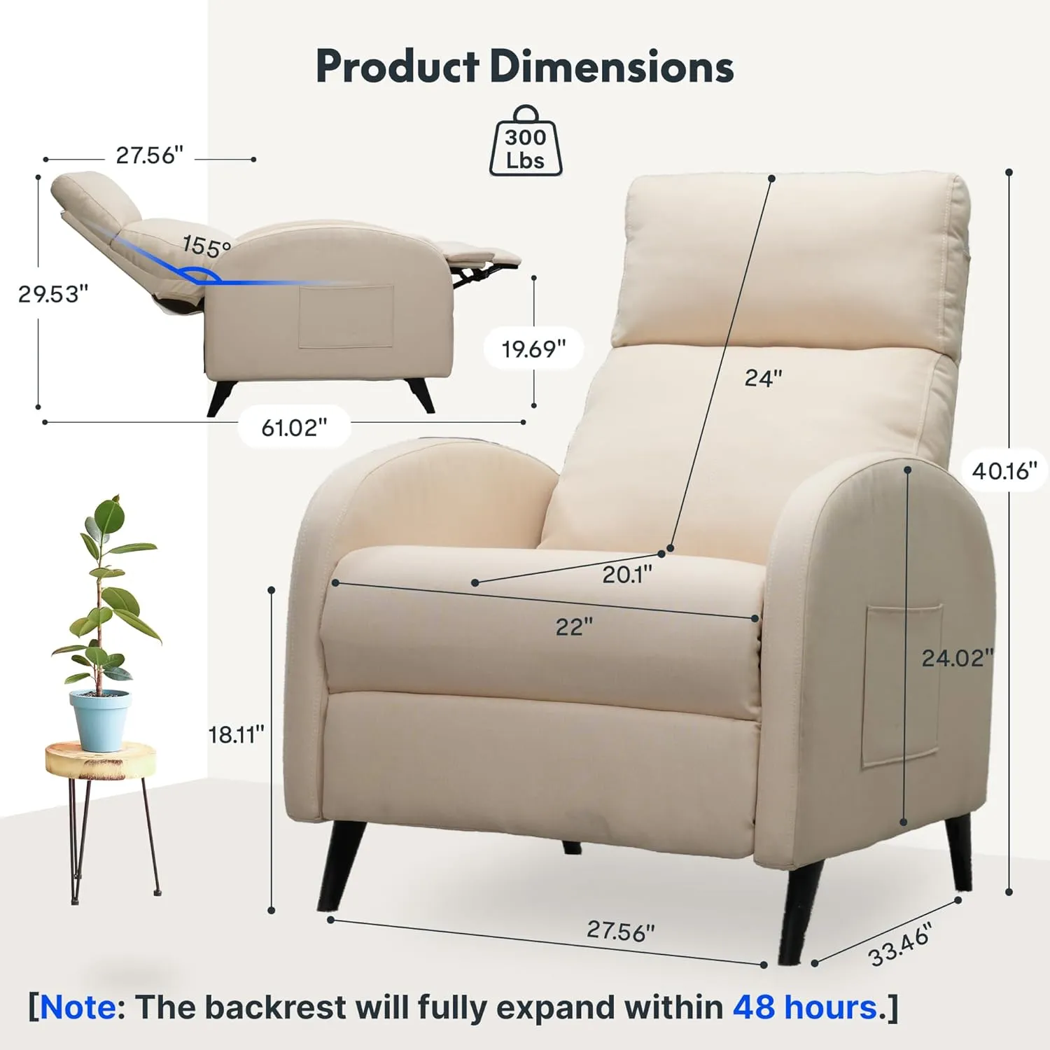 Softa Recliner Chair for Adults, Small Fabric Reclining Chair with Side Pockets, Adjustable Home Theater Seating Modern Armchair with Extended Footrest for Living Room, Beige