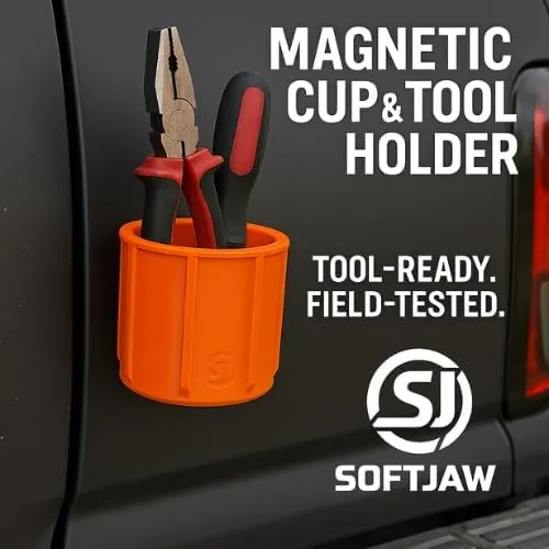 SoftJaw Extreme Magnetic Cupholder | Heavy-Duty Rubber Tool Holder with 100  lbs Magnet Pull Force | Scratch-Resistant & Durable for Equipment, Worksites, Tailgating & More | Made in USA (Orange)