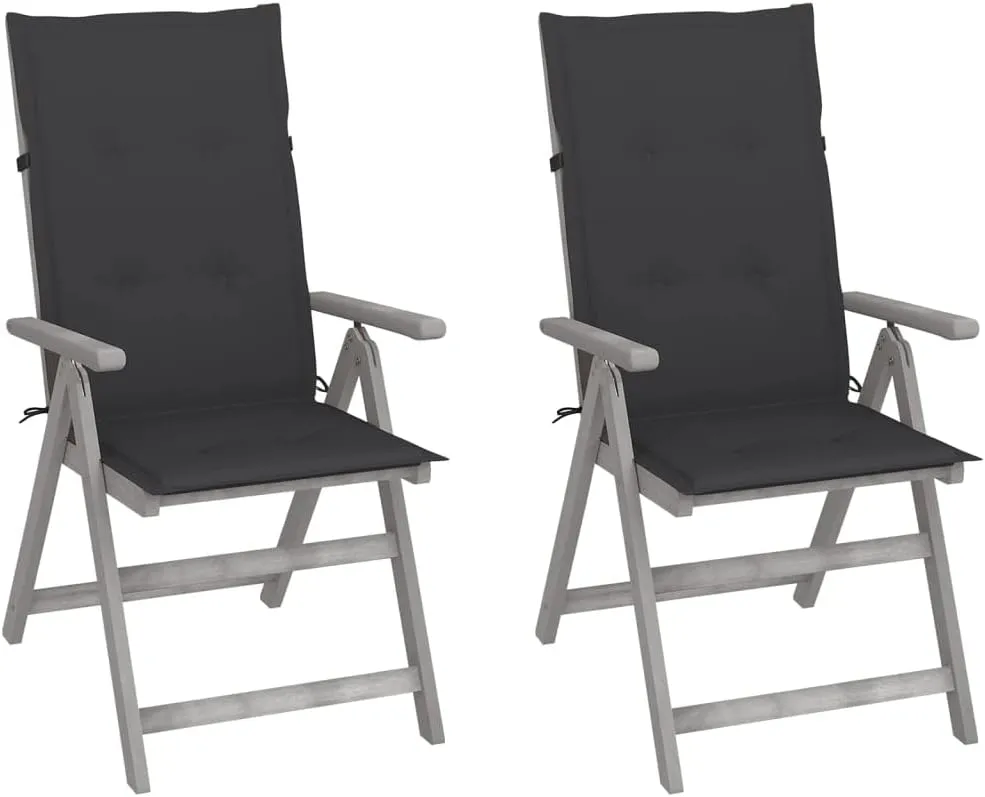 Solid Acacia Wood Patio Reclining Chairs 2-Piece Set with Cushions, Adjustable Backrest Outdoor Lounge Chairs for Backyard, Poolside, Gray Wash Finish