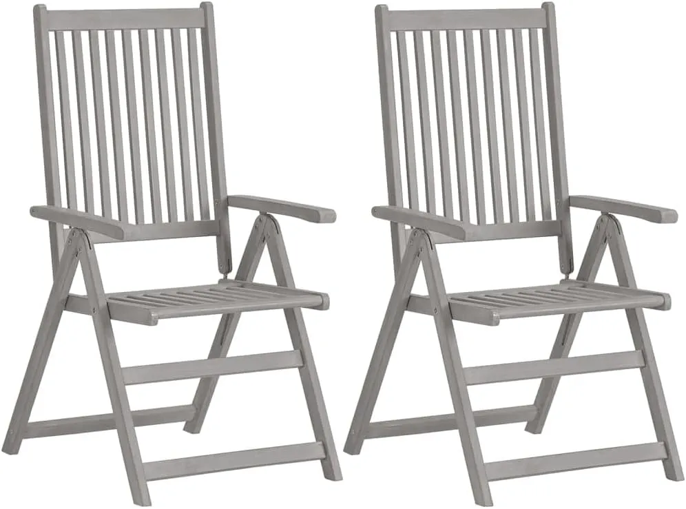 Solid Acacia Wood Patio Reclining Chairs 2-Piece Set with Cushions, Adjustable Backrest Outdoor Lounge Chairs for Backyard, Poolside, Gray Wash Finish