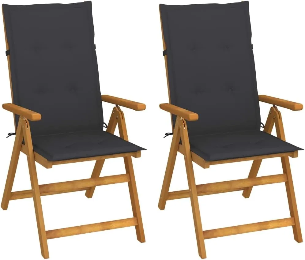 Solid Acacia Wood Patio Reclining Chairs with Adjustable Backrest & Anthracite Cushions 2 PCS Set, Foldable Outdoor Lounge Furniture for Poolside Backyard Sunbathing