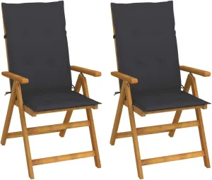 Solid Acacia Wood Patio Reclining Chairs with Adjustable Backrest & Anthracite Cushions 2 PCS Set, Foldable Outdoor Lounge Furniture for Poolside Backyard Sunbathing
