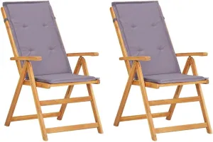 Solid Acacia Wood Reclining Patio Chairs Set of 2, Foldable Outdoor Lounge Chairs with 5-Position Adjustable Backrest and Cushions, Brown Wooden Furniture for Deck Poolside