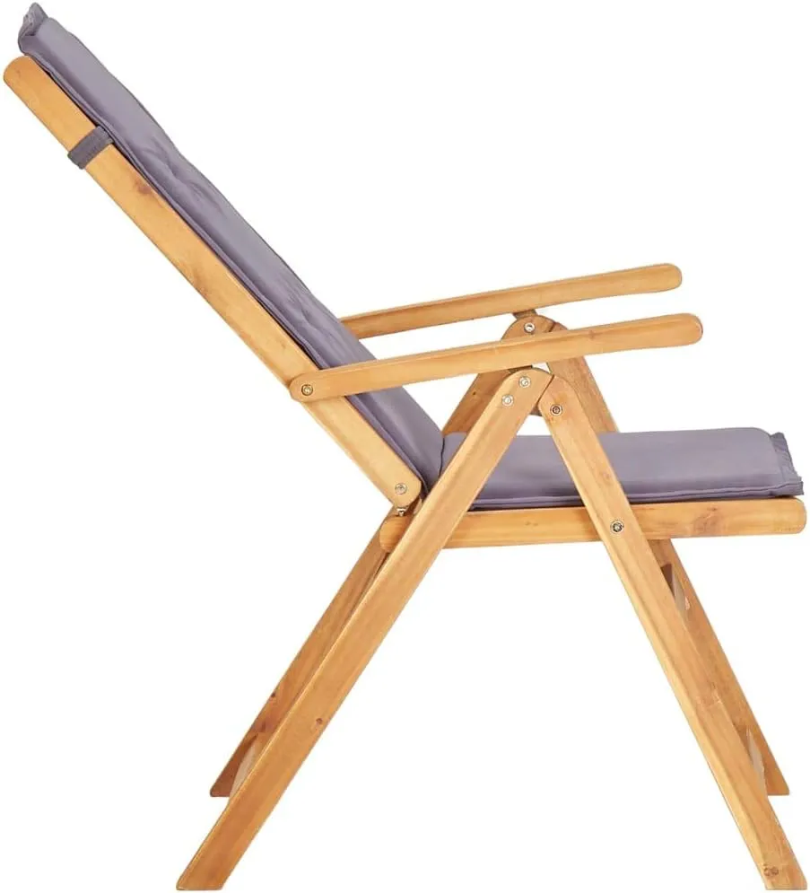 Solid Acacia Wood Reclining Patio Chairs Set of 2, Foldable Outdoor Lounge Chairs with 5-Position Adjustable Backrest and Cushions, Brown Wooden Furniture for Deck Poolside