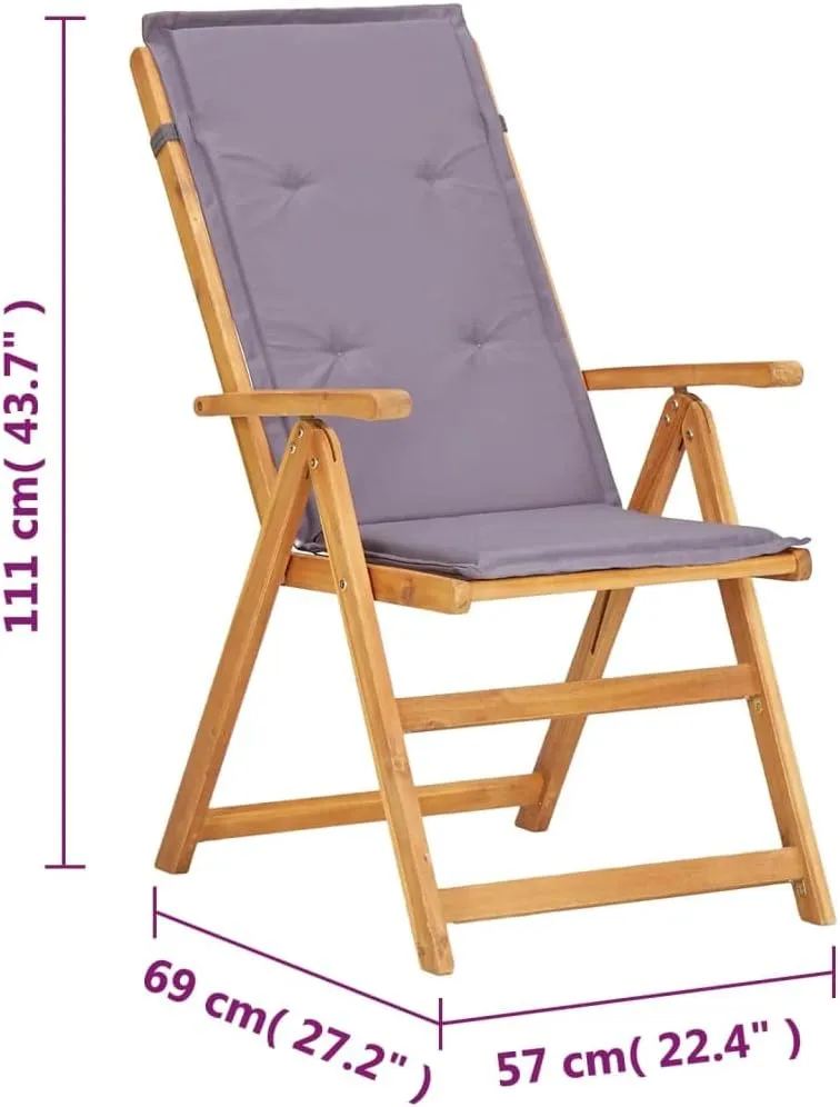 Solid Acacia Wood Reclining Patio Chairs Set of 2, Foldable Outdoor Lounge Chairs with 5-Position Adjustable Backrest and Cushions, Brown Wooden Furniture for Deck Poolside