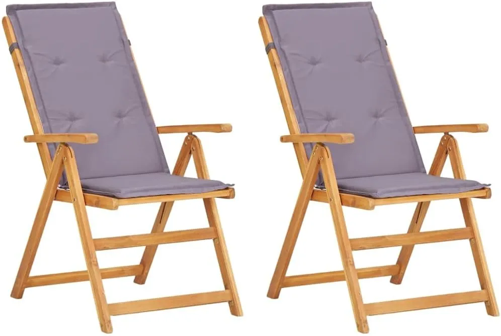 Solid Acacia Wood Reclining Patio Chairs Set of 2, Foldable Outdoor Lounge Chairs with 5-Position Adjustable Backrest and Cushions, Brown Wooden Furniture for Deck Poolside