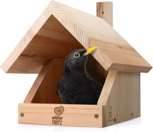 Solid Wood Blackbird Nesting Box - Weatherproof & Untreated, Wooden Bird Houses for Semi-Cavity Breeders - Blackbirds, Robins & More - 25 x 28.5 x 27 cm