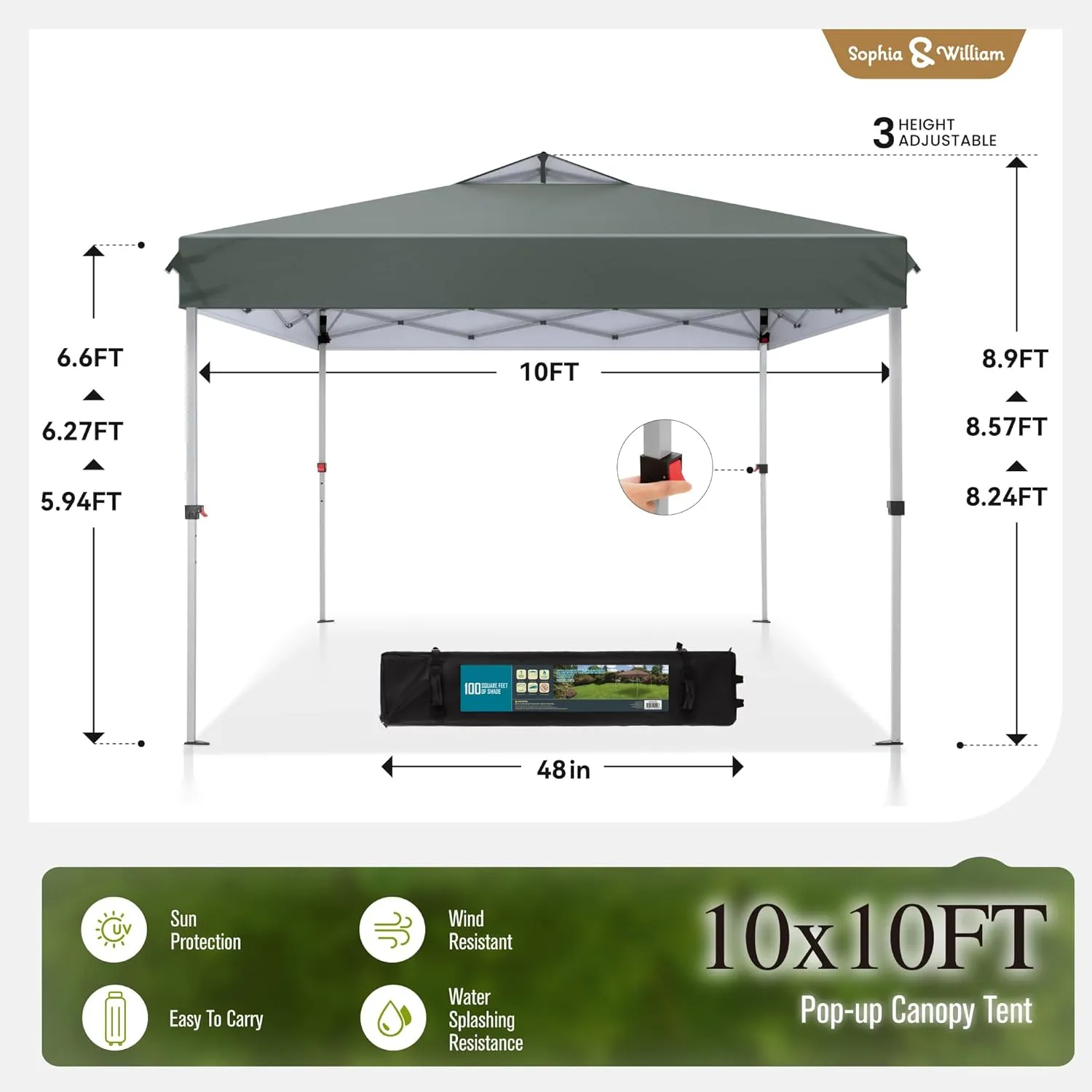 Sophia & William Canopy Tent Pop Up 10x10 ft, Outdoor Patio Portable Commercial Canopies Shelter Heavy Duty Straight Legs with Roller Bag, 8 Stakes, 4 Guy Ropes, UPF50 , Gray