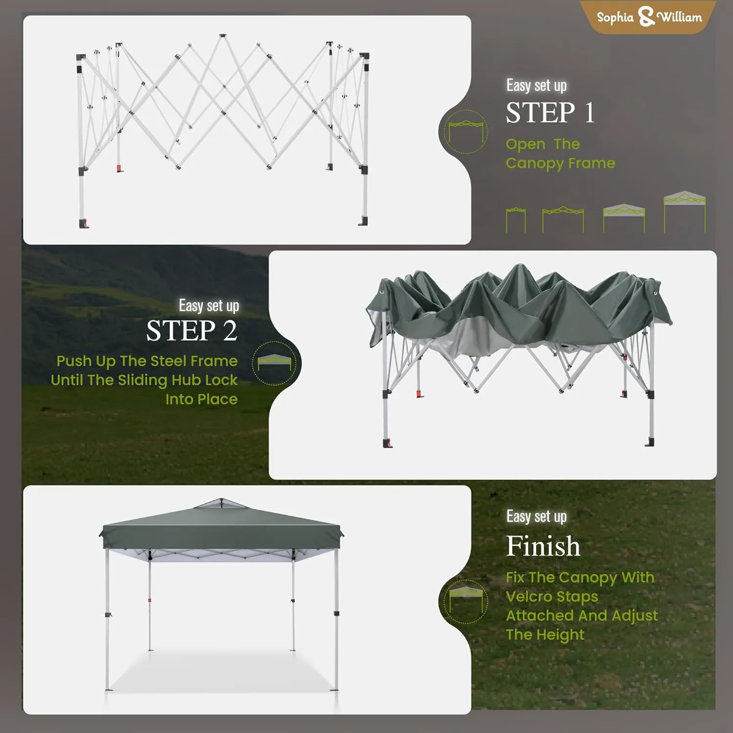 Sophia & William Canopy Tent Pop Up 10x10 ft, Outdoor Patio Portable Commercial Canopies Shelter Heavy Duty Straight Legs with Roller Bag, 8 Stakes, 4 Guy Ropes, UPF50 , Gray