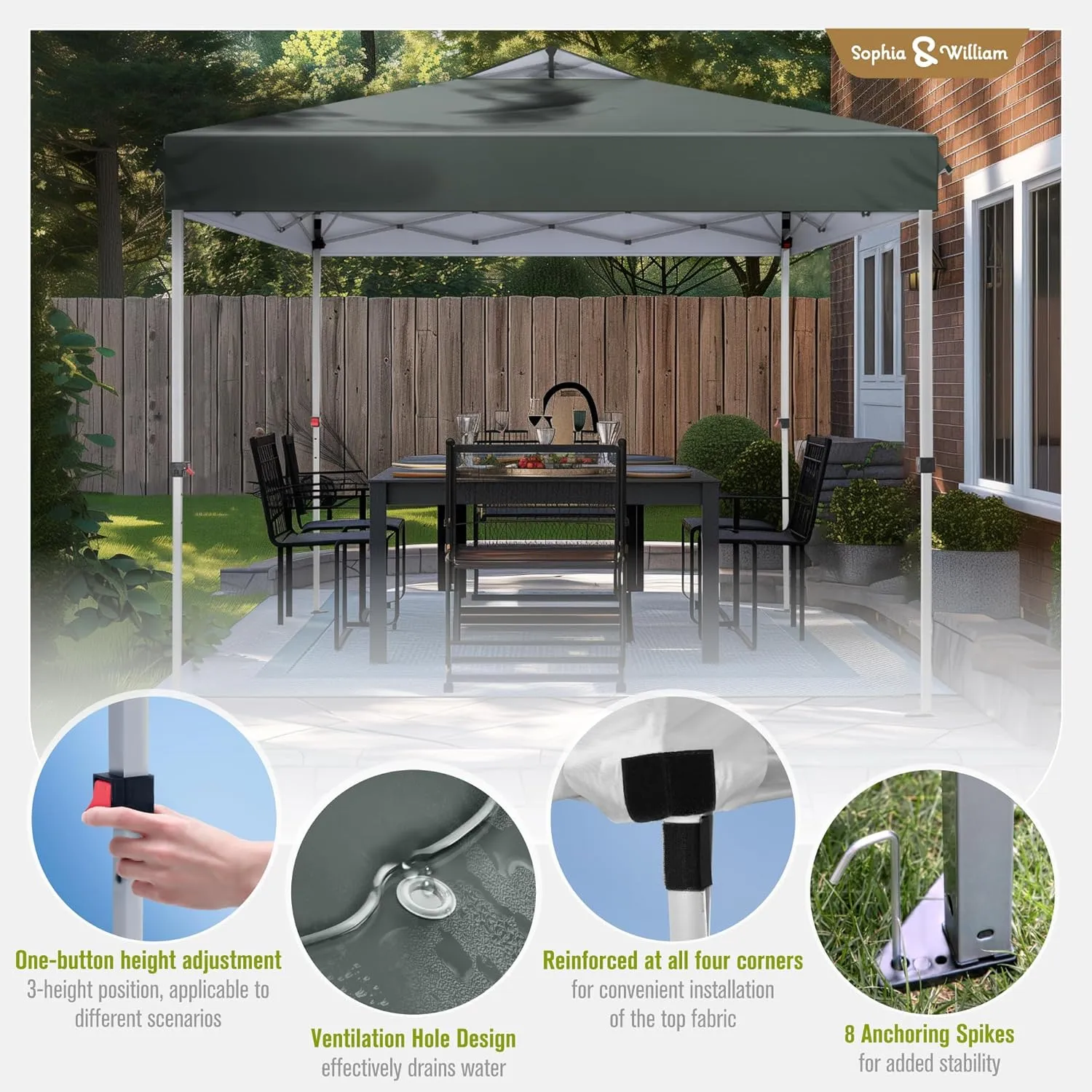 Sophia & William Canopy Tent Pop Up 10x10 ft, Outdoor Patio Portable Commercial Canopies Shelter Heavy Duty Straight Legs with Roller Bag, 8 Stakes, 4 Guy Ropes, UPF50 , Gray