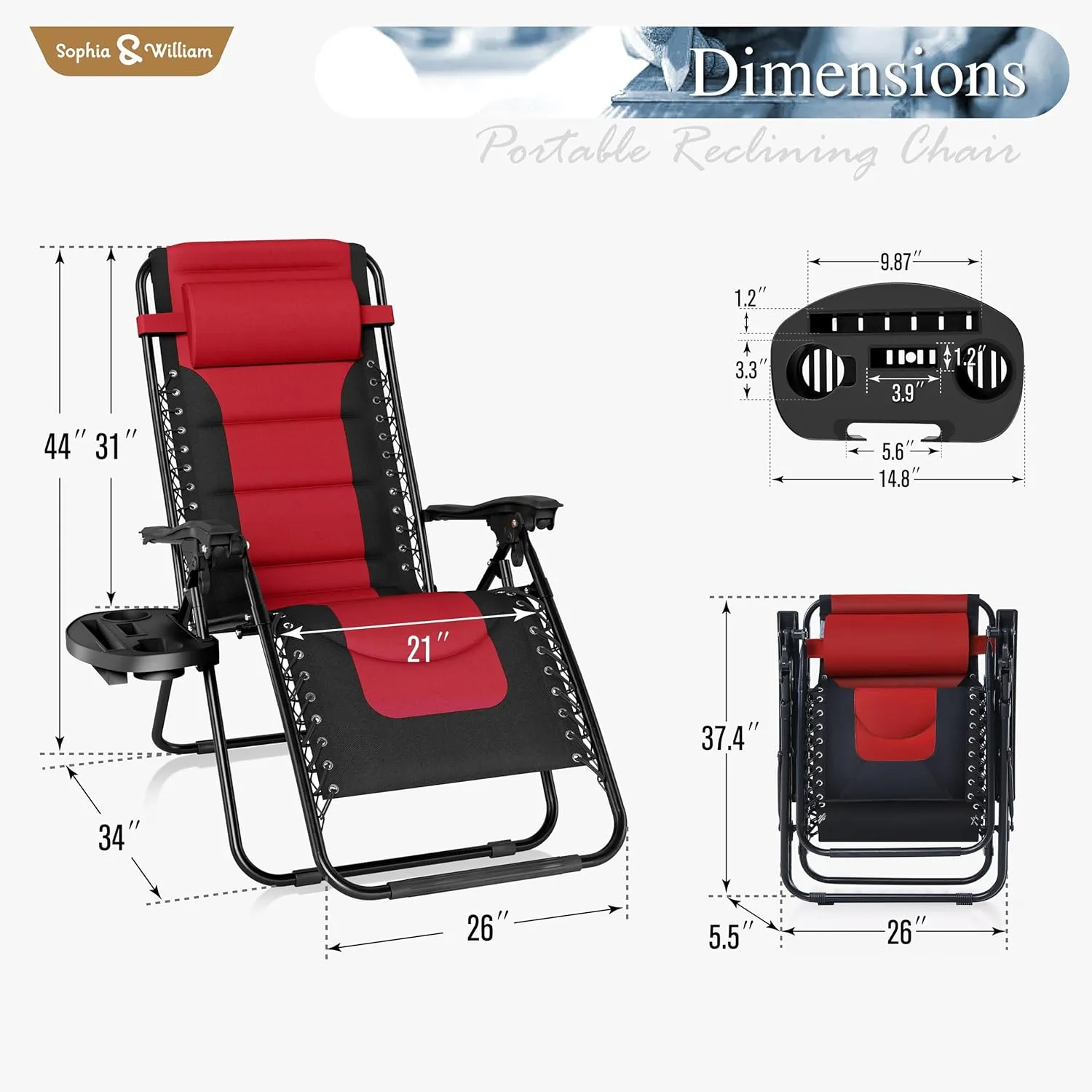 Sophia & Willliam Zero Gravity Chair Set of 2, Reclining Folding Chair with Free Cup Holder (Red)