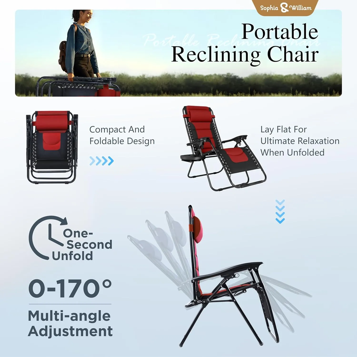 Sophia & Willliam Zero Gravity Chair Set of 2, Reclining Folding Chair with Free Cup Holder (Red)