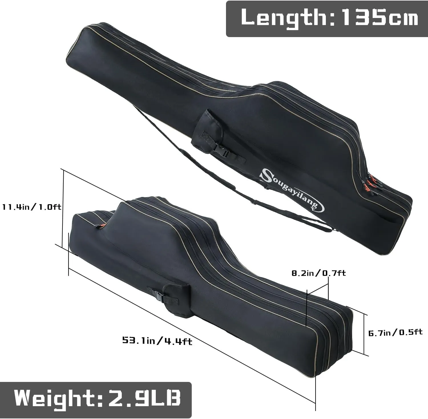 Sougayilang Fishing Rod Case, 3 Layers Organizer Pole Storage Bag Fishing Rod and Reel Carrier Organizer for Travel-135cm/53in-Black
