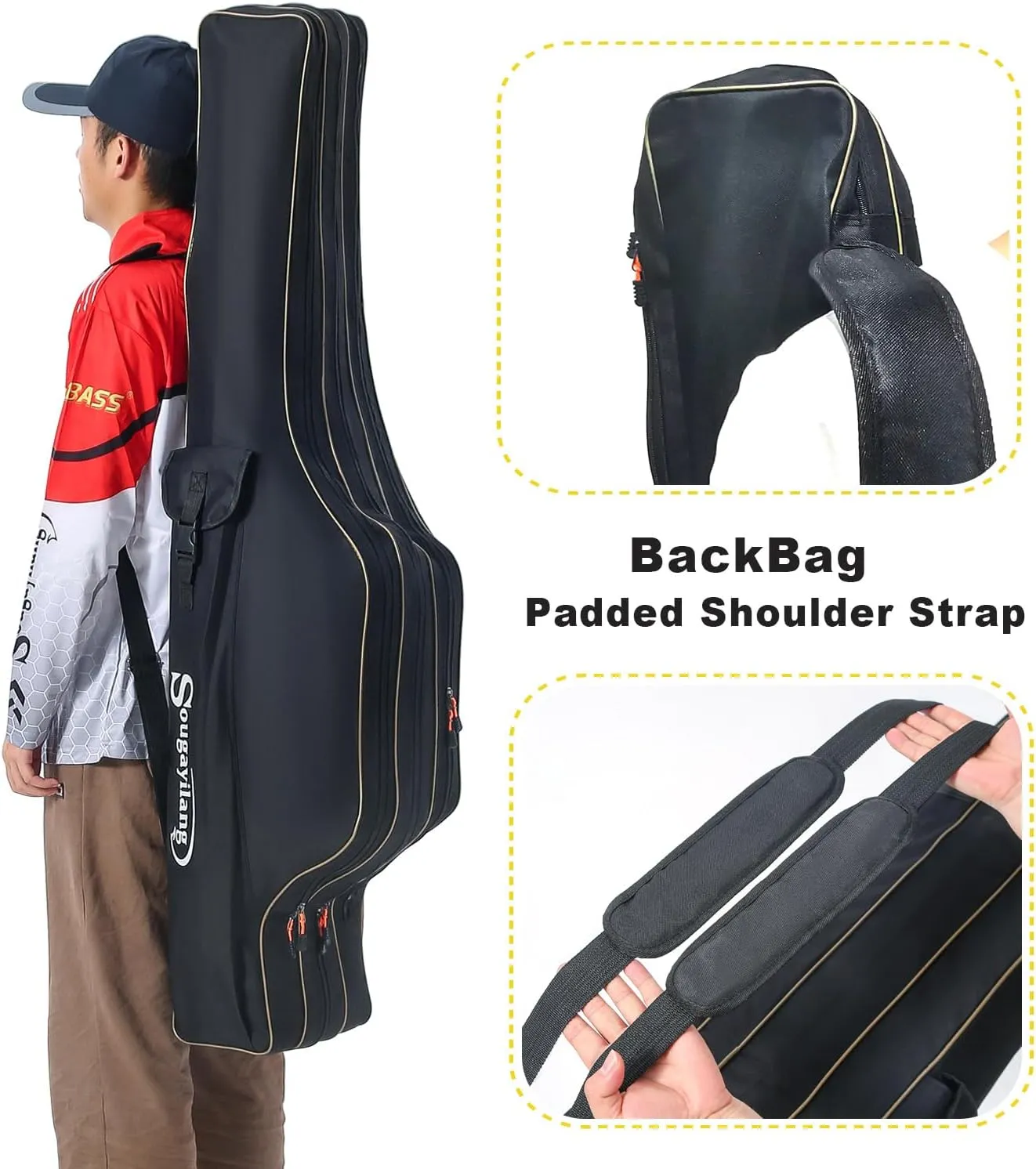 Sougayilang Fishing Rod Case, 3 Layers Organizer Pole Storage Bag Fishing Rod and Reel Carrier Organizer for Travel-135cm/53in-Black
