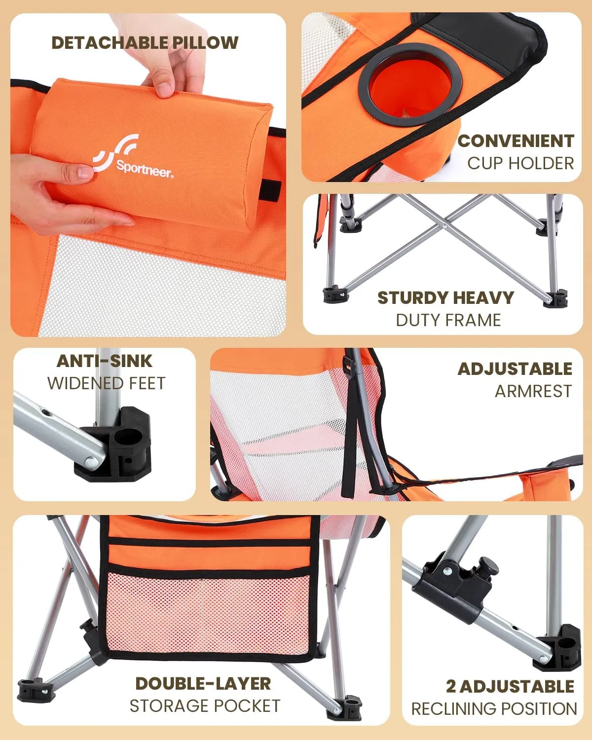 Sportneer Beach Chair: Adjustable Folding Chair with Cup Holder & Side Pocket - Portable & Compact Beach Chairs for Adults with Reclining Positions for Camping Picnic and Outdoor, Orange