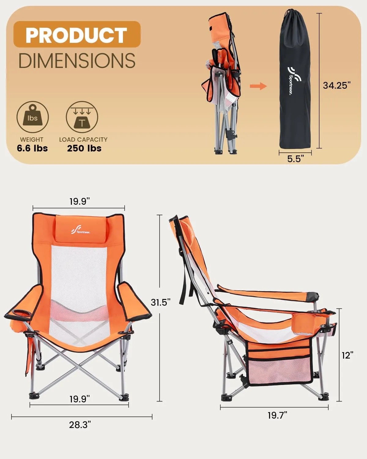 Sportneer Beach Chair: Adjustable Folding Chair with Cup Holder & Side Pocket - Portable & Compact Beach Chairs for Adults with Reclining Positions for Camping Picnic and Outdoor, Orange