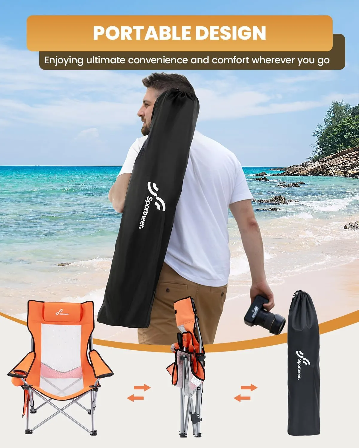 Sportneer Beach Chair: Adjustable Folding Chair with Cup Holder & Side Pocket - Portable & Compact Beach Chairs for Adults with Reclining Positions for Camping Picnic and Outdoor, Orange