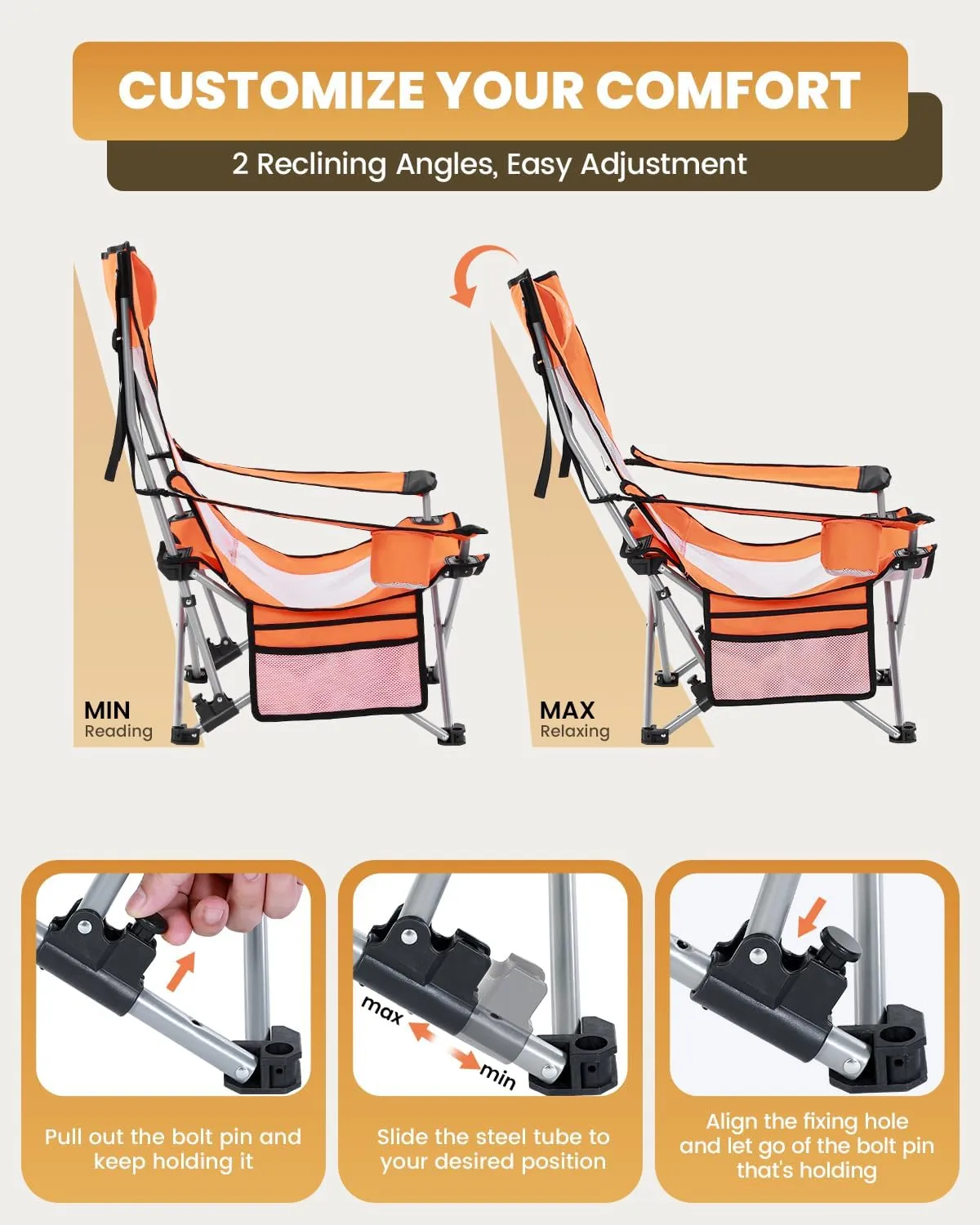 Sportneer Beach Chair: Adjustable Folding Chair with Cup Holder & Side Pocket - Portable & Compact Beach Chairs for Adults with Reclining Positions for Camping Picnic and Outdoor, Orange