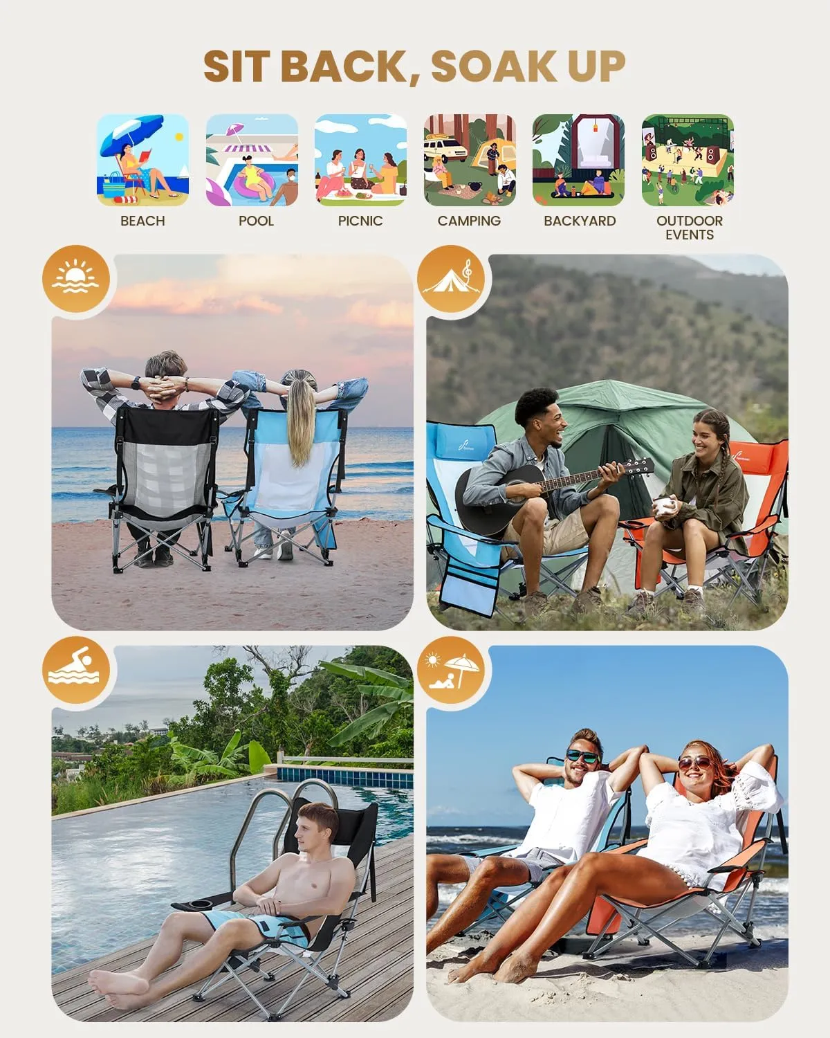 Sportneer Beach Chair: Adjustable Folding Chair with Cup Holder & Side Pocket - Portable & Compact Beach Chairs for Adults with Reclining Positions for Camping Picnic and Outdoor, Orange