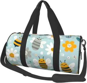 Sports Duffel Bag Cartoon-Bee-Flower Foldable Travel Tote Bag Weekender Sleepover Carry On Bag