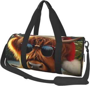 Sports Duffel Bag Christmas-Highland-Cow-Sunglasses Foldable Travel Tote Bag Weekender Sleepover Carry On Bag