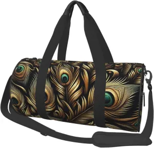 Sports Duffel Bag Gold-Black-Feathers-Peacock Foldable Travel Tote Bag Weekender Sleepover Carry On Bag
