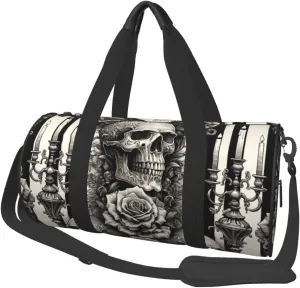 Sports Duffel Bag Gothic-Baroque-Skull-Stripe Foldable Travel Tote Bag Weekender Sleepover Carry On Bag