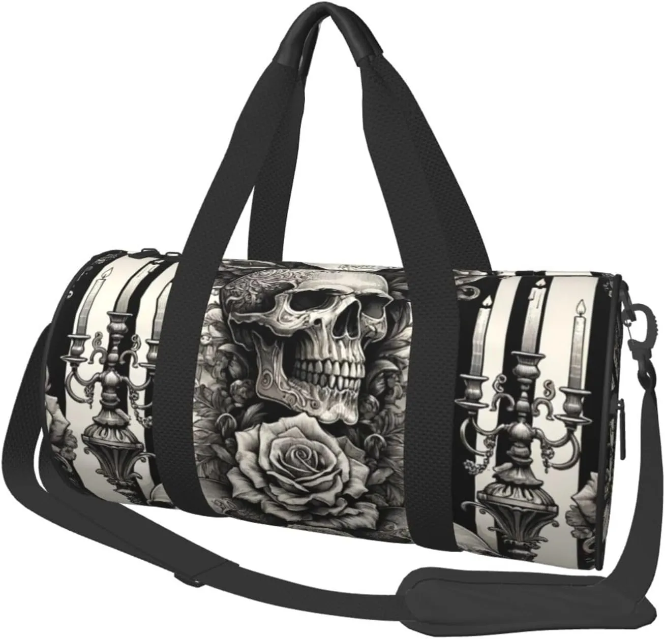 Sports Duffel Bag Gothic-Baroque-Skull-Stripe Foldable Travel Tote Bag Weekender Sleepover Carry On Bag